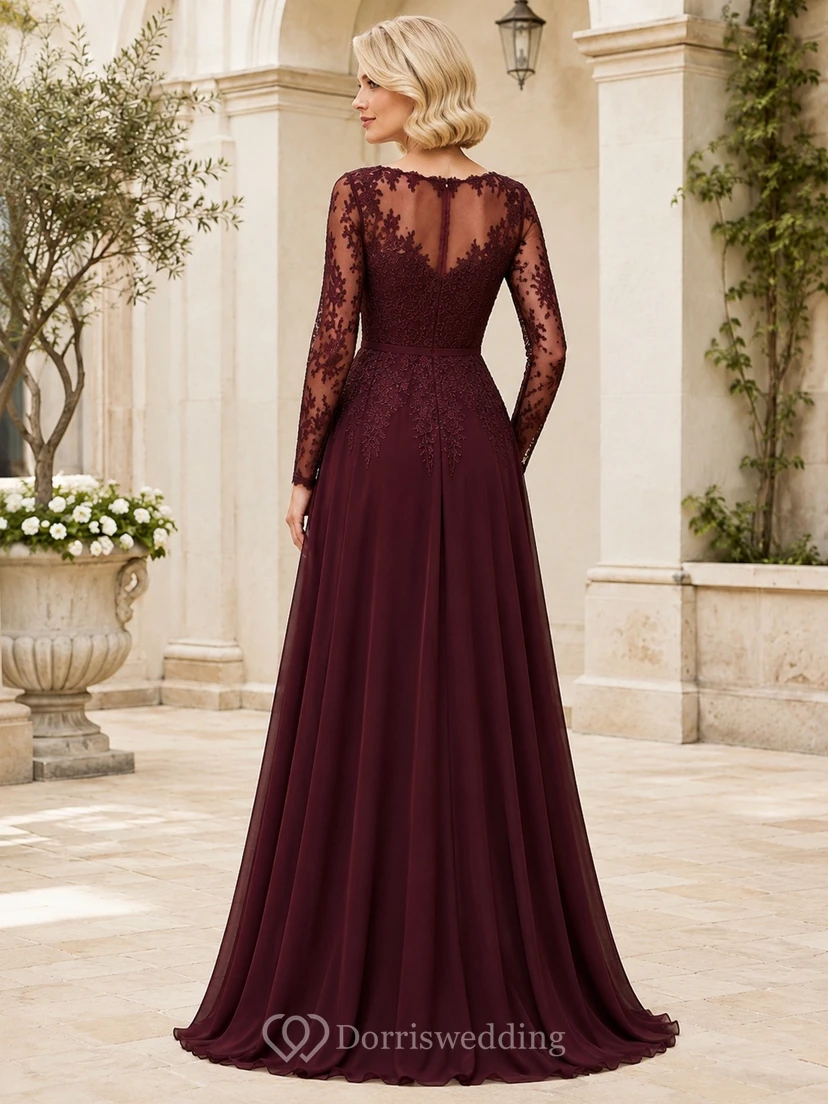 Burgundy Lace Long Sleeve Sweetheart A-Line Evening Gown Dress view 2