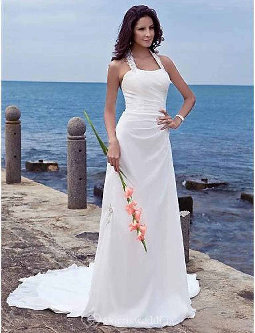 sheath Halter Court Train Chiffon Beach Wedding Dress view 7
