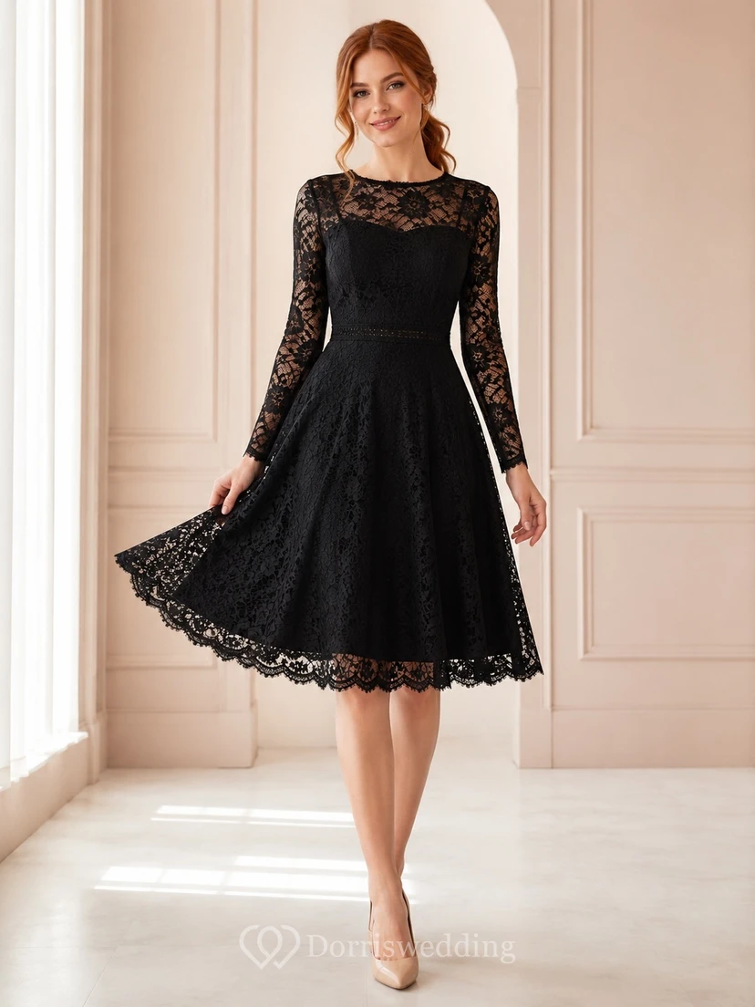 Black Vintage Lace Bateau Long Sleeve Tea-Length A-Line Cocktail Dress