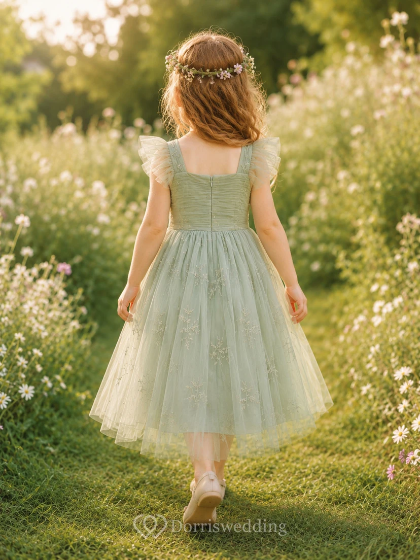 Sage Flower Girl Dress Tea-Length A-Line Square Neck Ruched Tulle Flutter Sleeve Embroidered Vine view 2