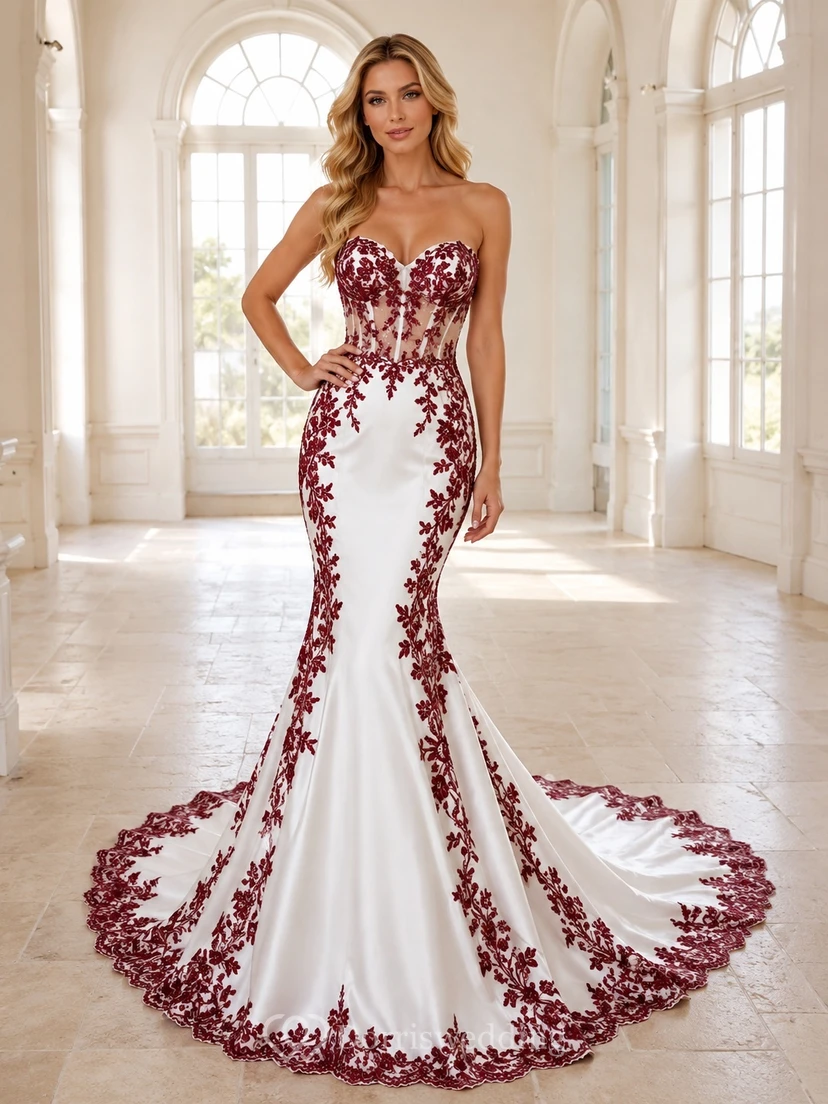 Burgunderfarbenes, ärmelloses Brautkleid im Meerjungfrauen-/Trompetenstil mit herzförmigem Ausschnitt und Kathedralenschleppe, romantisch und elegant