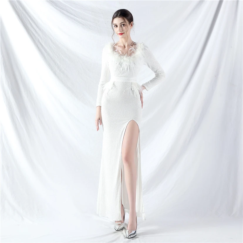 Craft-Made Ostrich Feather Long-Sleeved Beads Evening Dress view 2