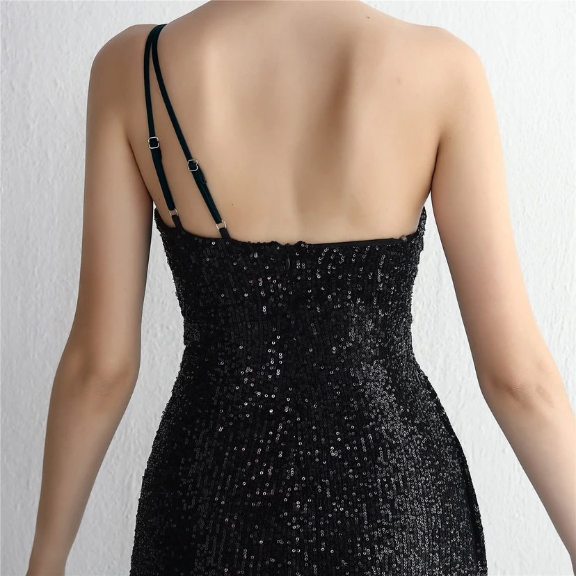 Sequined One-Shoulder Celebrity Cold Banquet Slit Long Sequin Aura Queen Dinner Fishtail Dress view 103