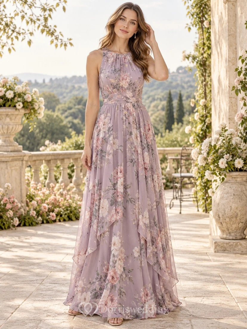 Vintage Brautjungfernkleid aus Chiffon mit Wisteria-Blumenmuster, Neckholder und Lagen, bodenlang, A-Linie