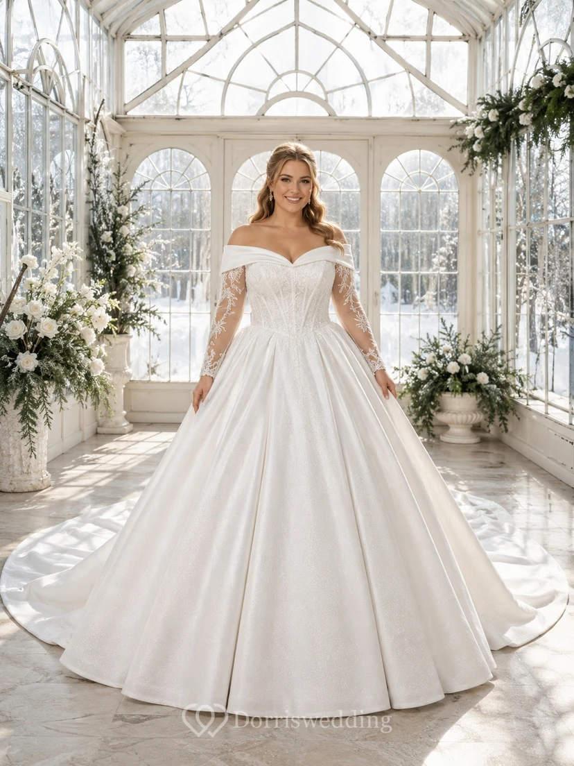 Plus Size Langarm-Satin-Ballkleid mit schulterfreiem Ausschnitt – Winterhochzeitskleid
