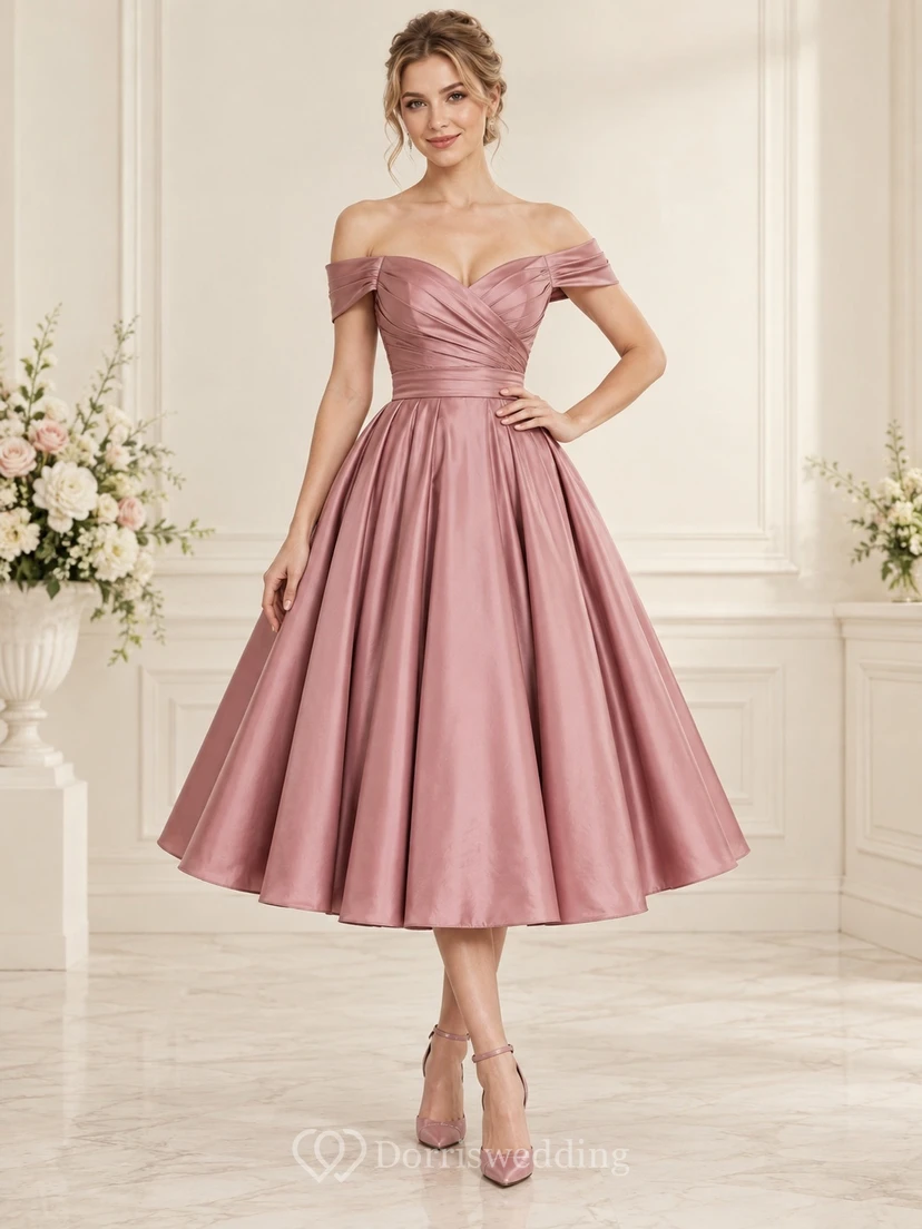 Robe de bal vintage rose poudré longueur thé en satin froncé à épaules dénudées et épaules dénudées