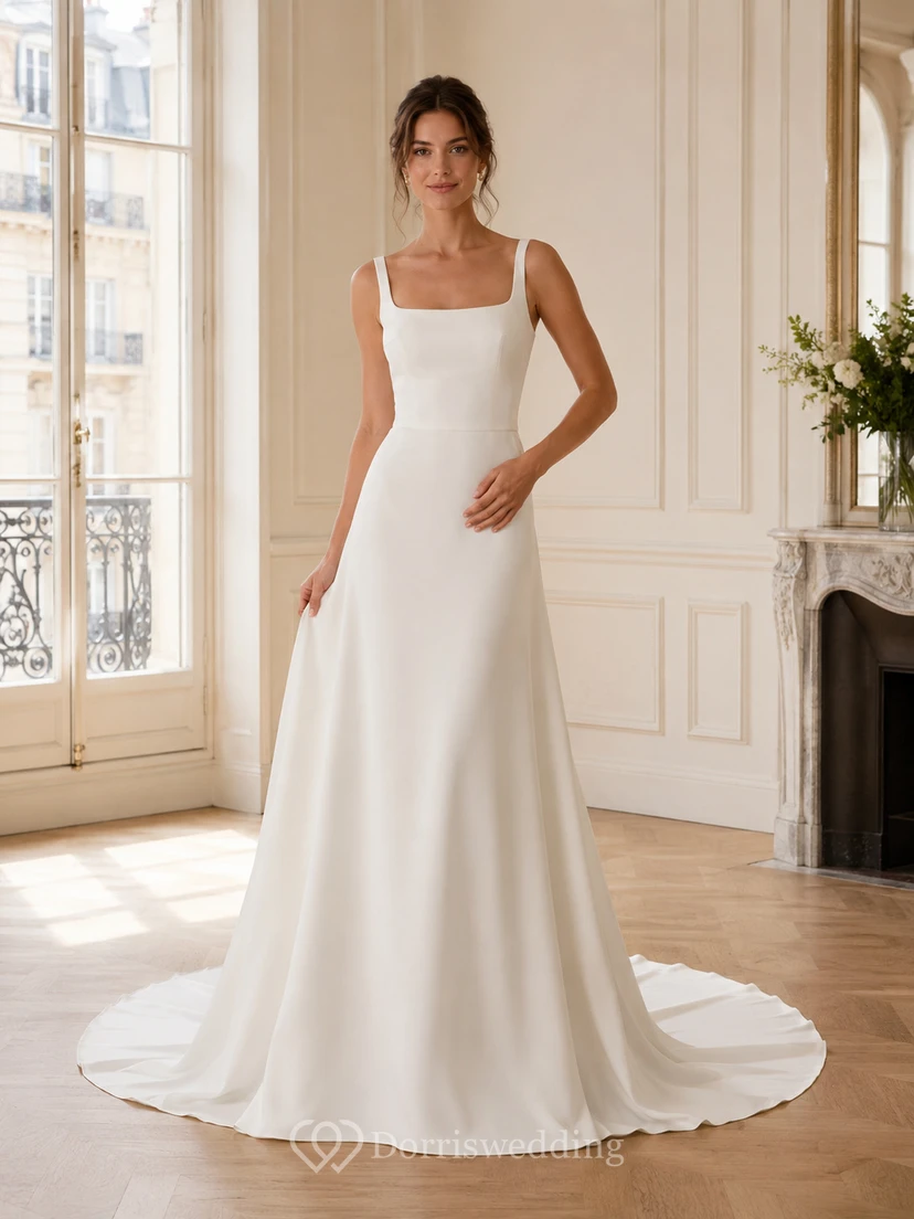 Vestido de novia minimalista de corte A, sin mangas, de satén refinado, con escote cuadrado y cola de capilla.