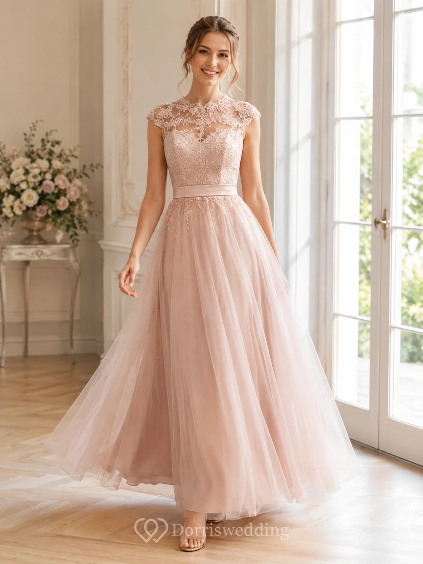 Romantic Blush Halter Illusion Lace Tulle A Line Formal Guest Gown
