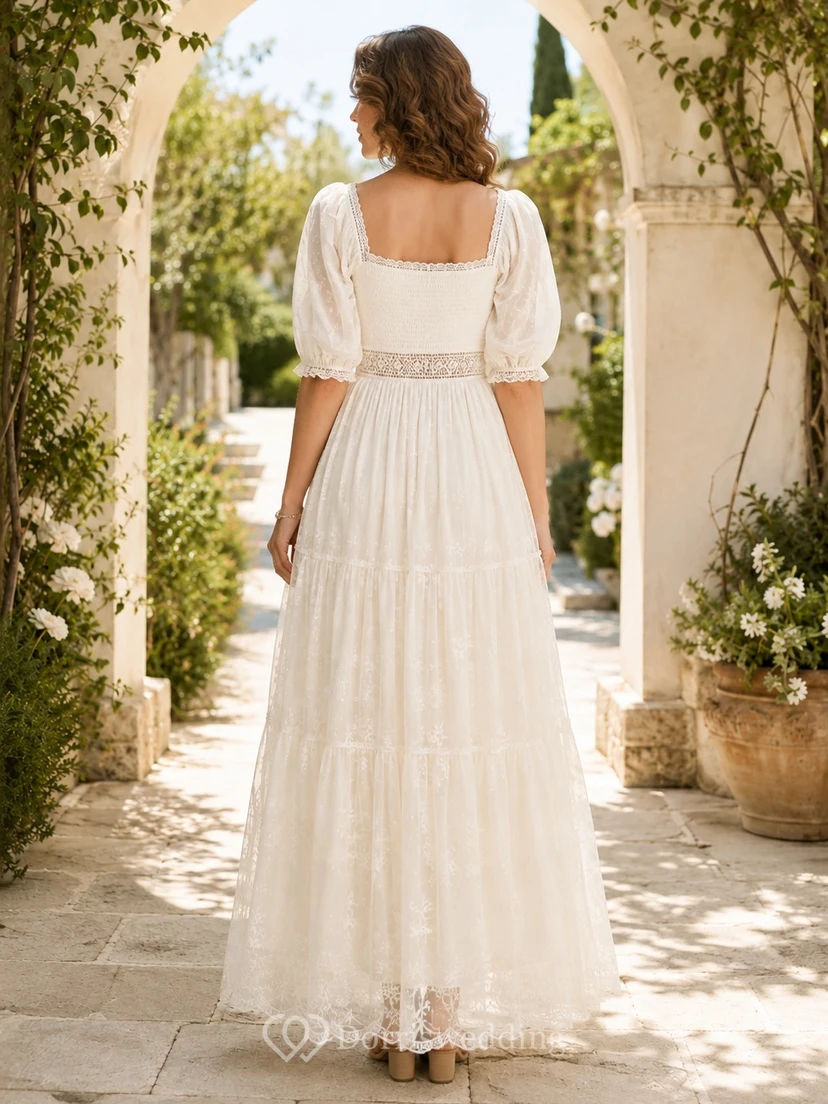 Boho Square Neck Three-Quarter Puff Sleeve Lace A-Line Floor-Length Wedding Dress view 2
