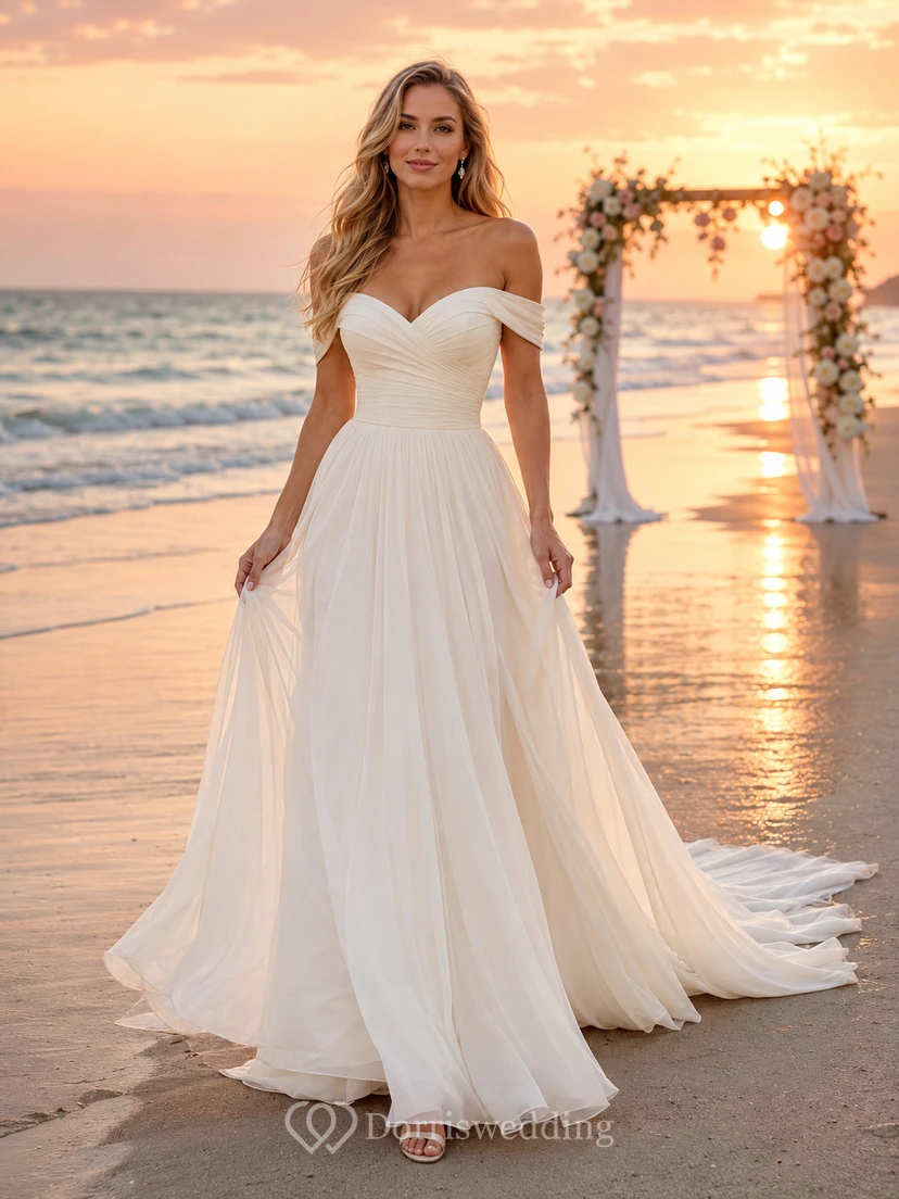 Strand-Sonnenuntergang schulterfreies Chiffon-A-Linien-Hochzeitskleid