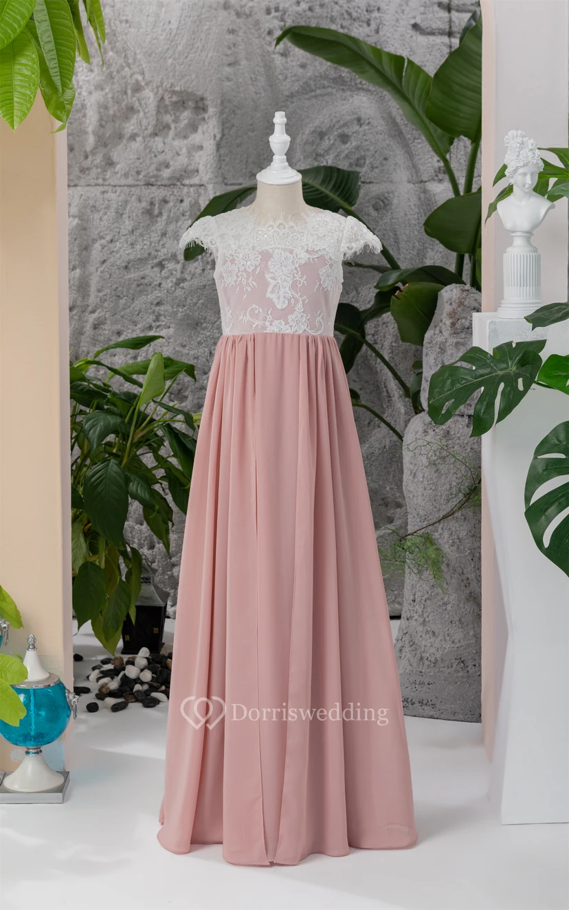 Lace Cap White and Coral Empire Chiffon Floor-length Flowergirl Dress video preview