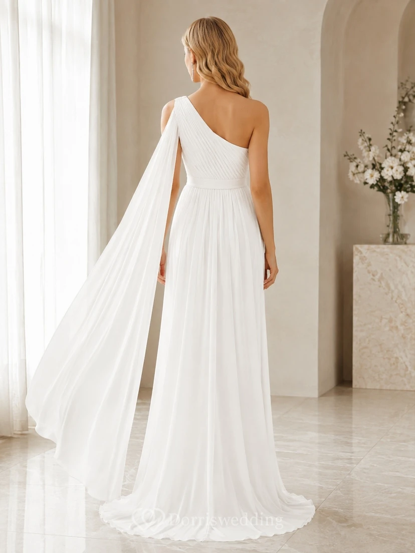 Vestido de novia de satén de un solo hombro, sin mangas, con capa y corte en A view 2