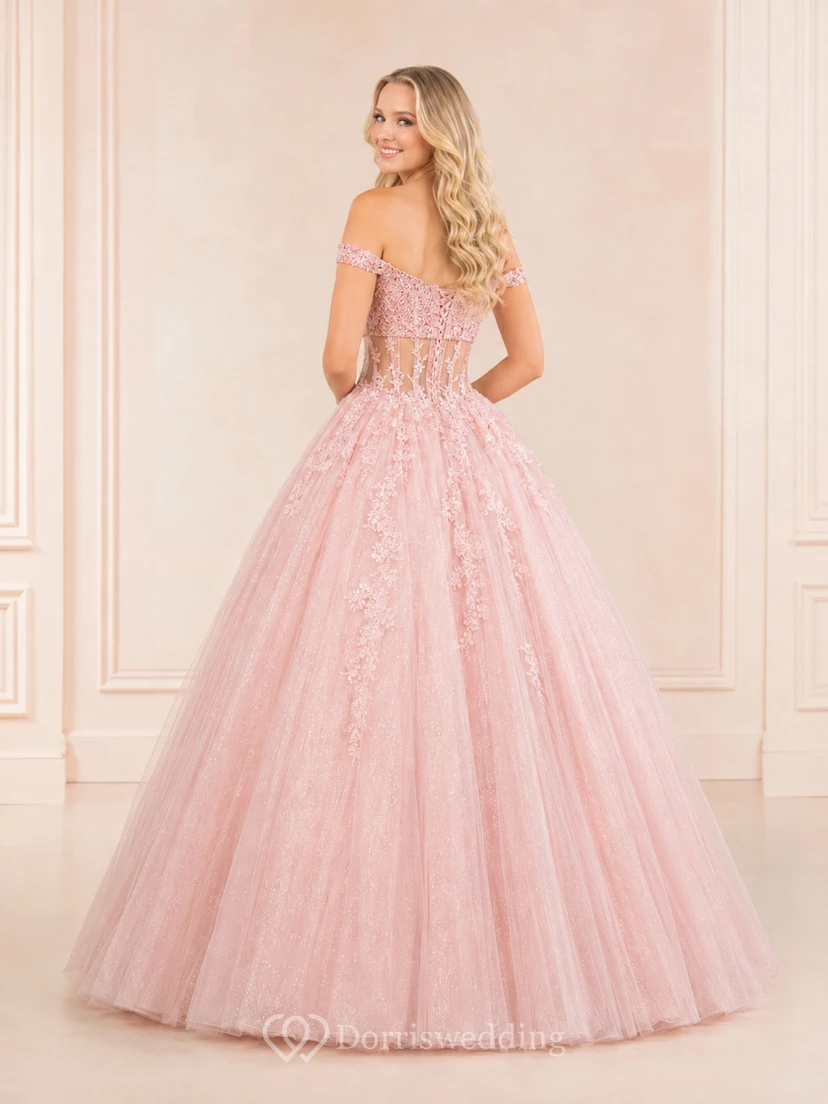 Zartrosa, luxuriöses zweiteiliges schulterfreies, perlenbesetztes Tüll-Ballkleid für den 16. Geburtstag view 2