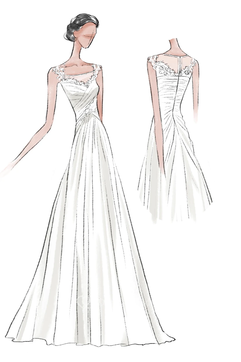 Scoop-Neck Cap-Sleeve Chiffon Dress With Ruching And Appliques view 2