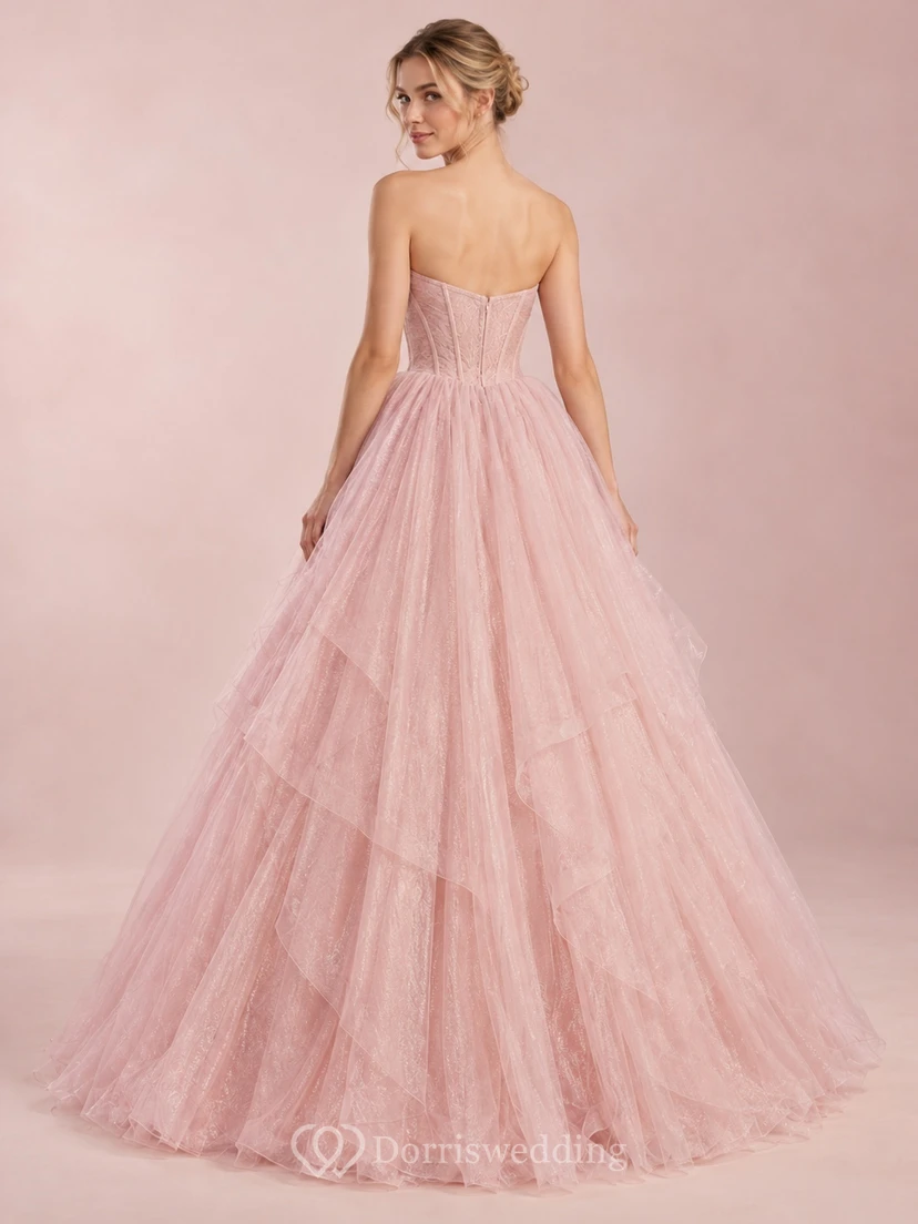 Blush Strapless Sweetheart Lace Corset Layered Tulle Long Prom Dress view 2