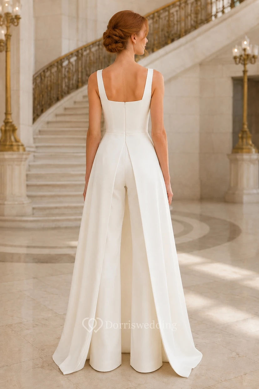 White Square Neck Bridal Jumpsuit with Long Overskirt Panels view 2