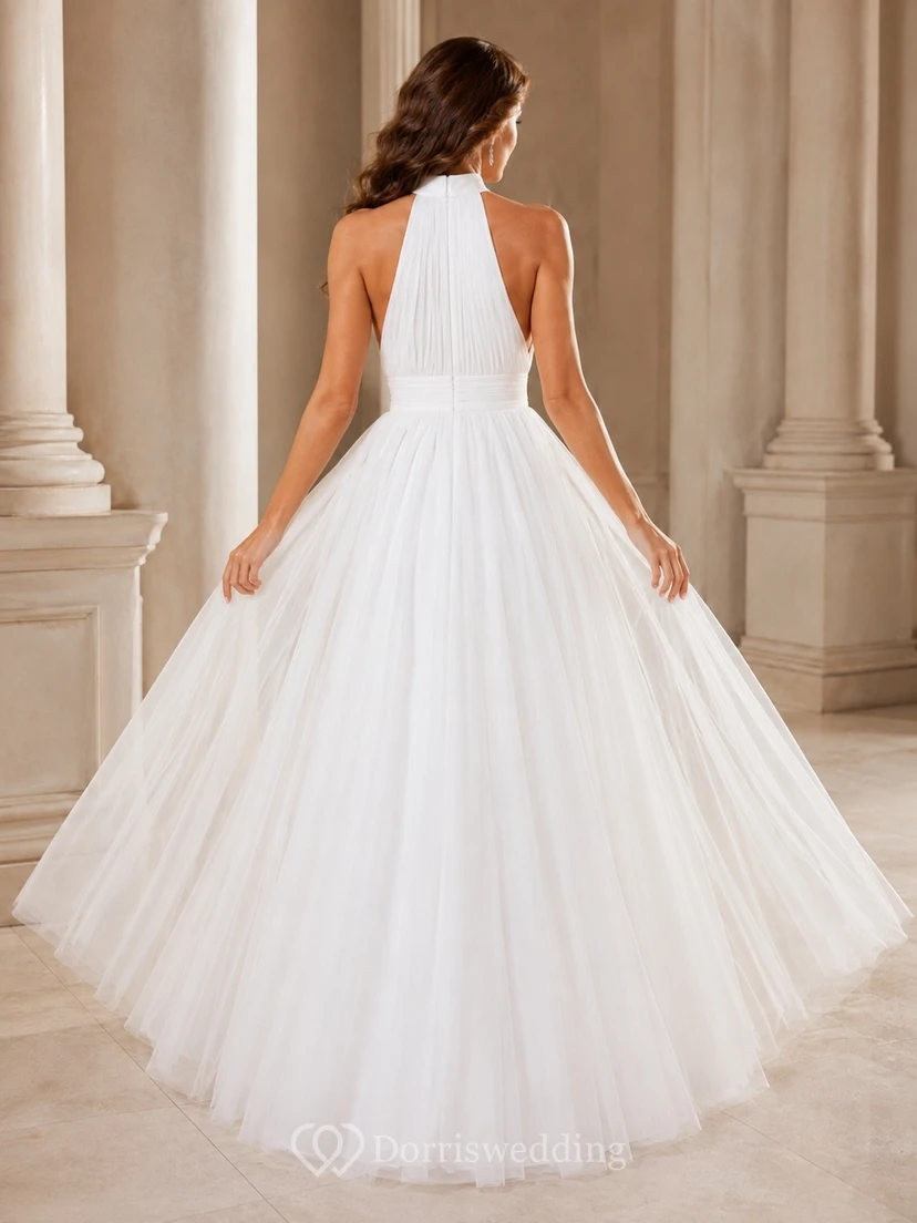 White Tulle Halter Sleeveless Ball Gown Floor-Length Formal Dress view 2