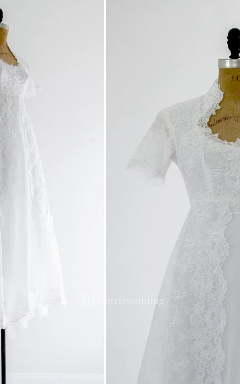 Queen Anne Neckline Short Sleeve A-Line Lace Dress With Beadings view 5