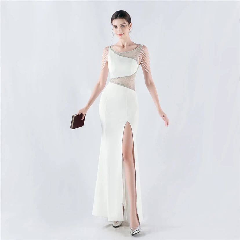 Heavy Hot Diamonds For Transparent Mesh High-Slit Satin Evening Dress Annual Meeting Wedding view 45