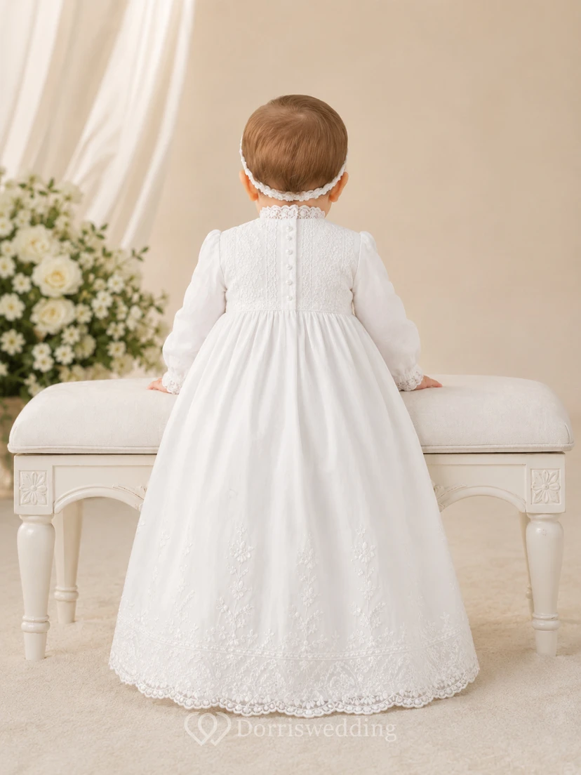 Classic Modest Baby Baptism Christening Ceremony Gown A-Line Tea-Length Jewel Neck Long Sleeve Satin Lace Button Back view 2
