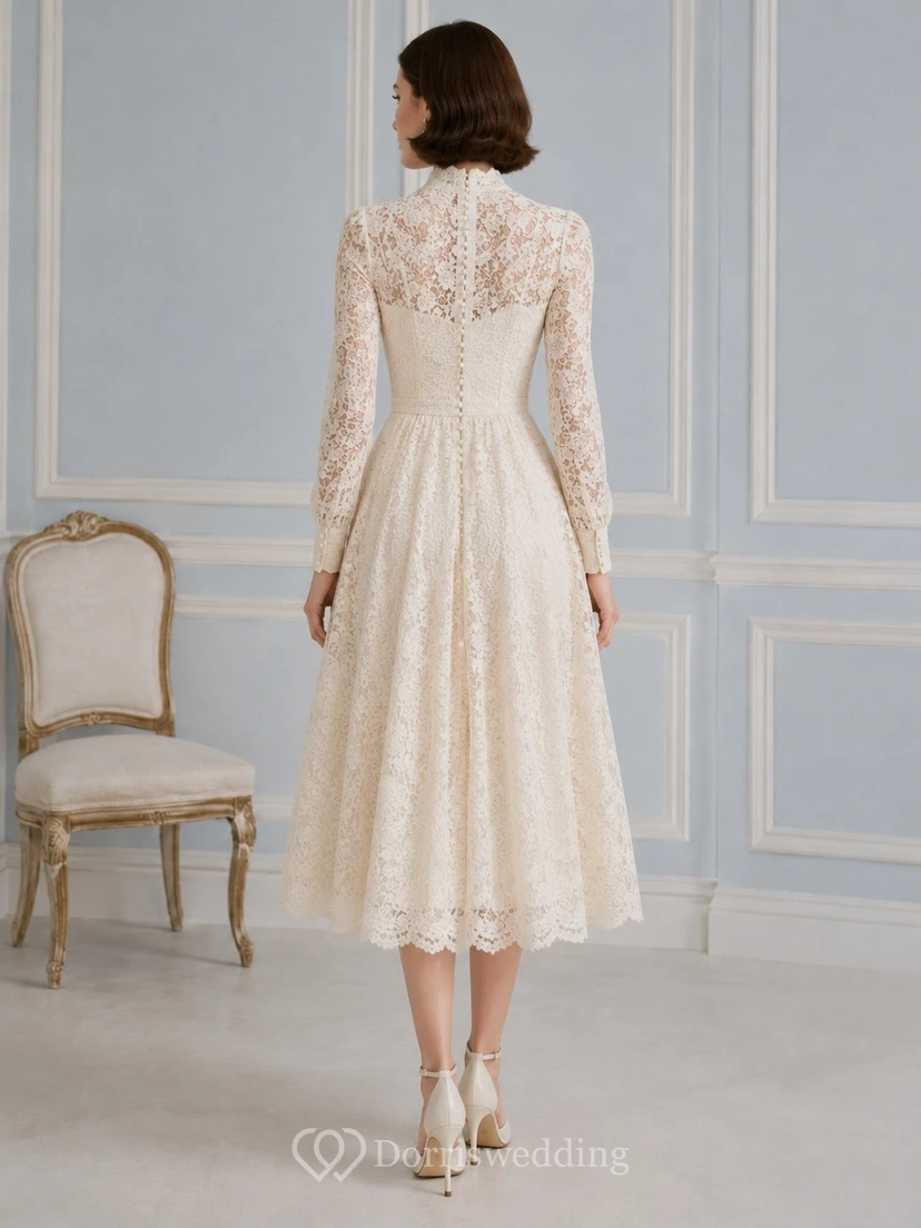 Romantic Lace High Neck Long Sleeve Tea Length Wedding Dress view 2