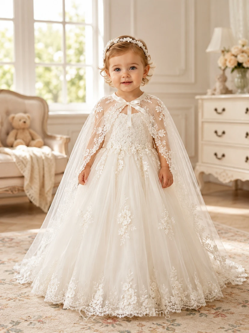 Vestido de lujo para ceremonia de bautizo/bautizo. Corte en A, largo hasta el suelo, cola larga, cuello joya, manga larga, encaje de tul, apliques florales, capa desmontable y espalda abotonada.