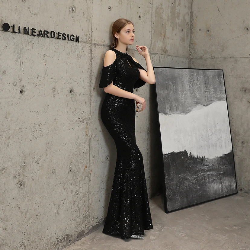 Banquet Temperament Elegant Long Short-Sleeved Sequin Aura Queen Fishtail Evening Dress view 37