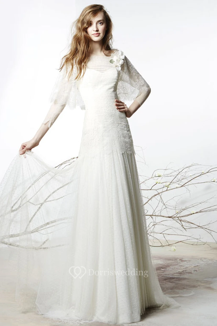 Sheath Floor-Length Bateau Floral Long-Sleeve Tulle Wedding Dress With Illusion Back And Lace