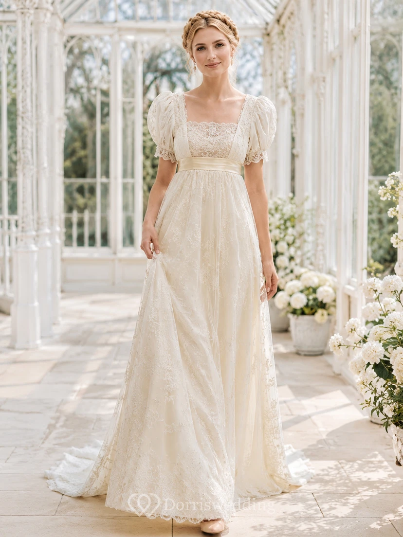 Antique Romantic Square Neck Puff Sleeve Lace Empire A-Line Court Train Wedding Dress