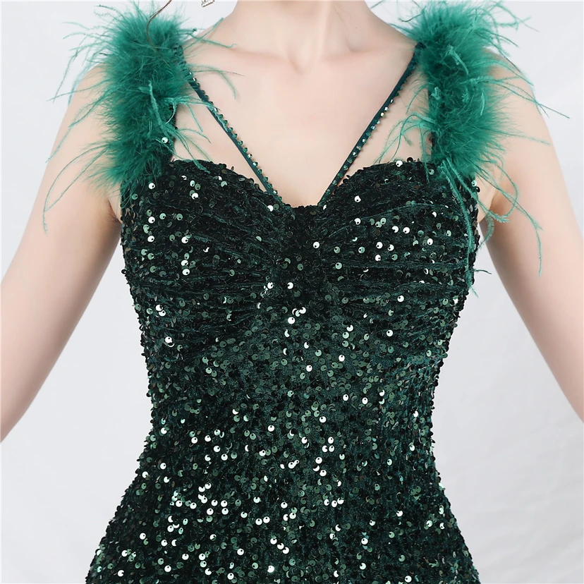 Craft Ostrich Feather Handmade Velvet Bottom Sequined Short Evening Dress Short Skirt view 26