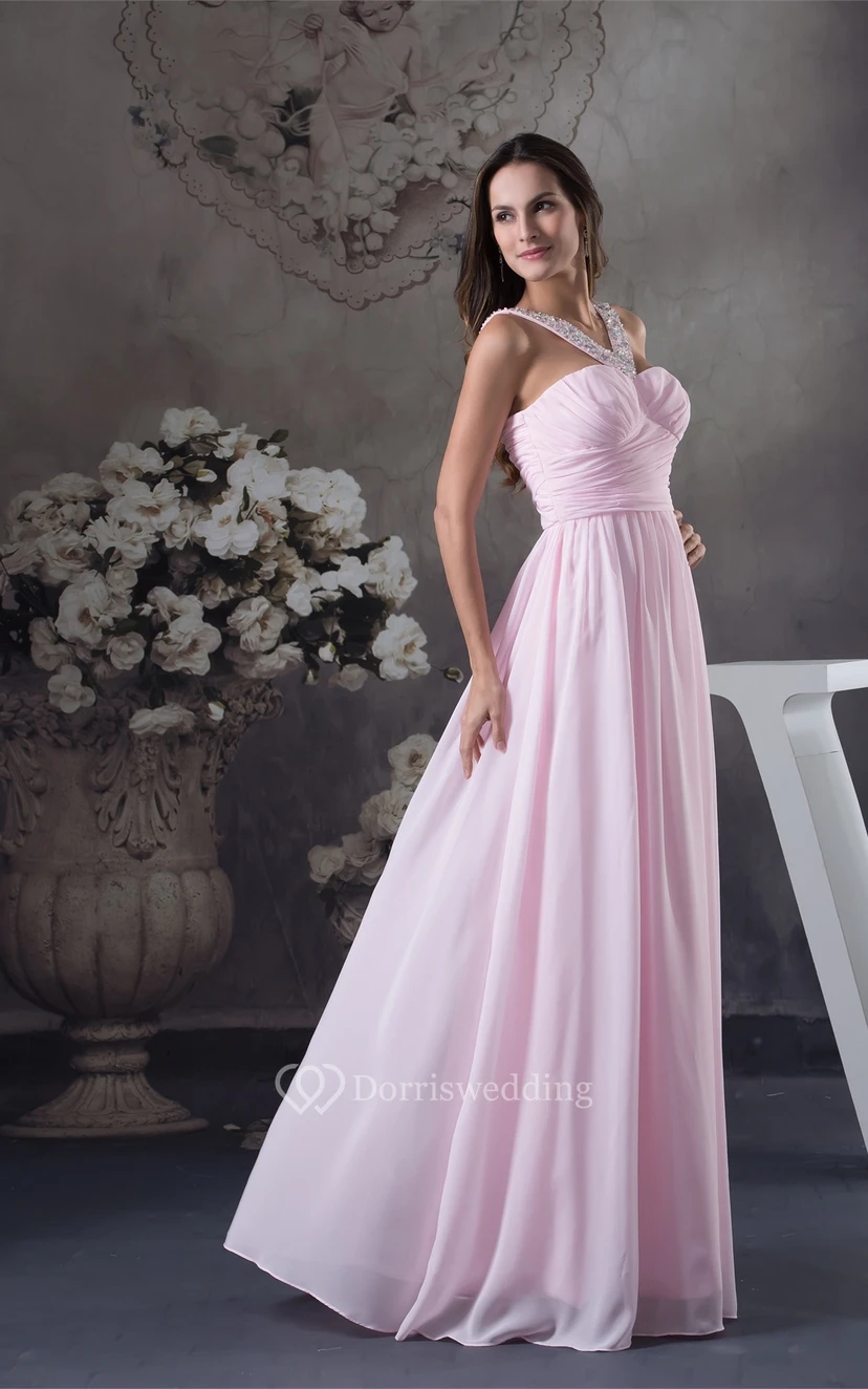 Pastel Chiffon Long Criss-Cross Beading and Dress With Pleats view 8