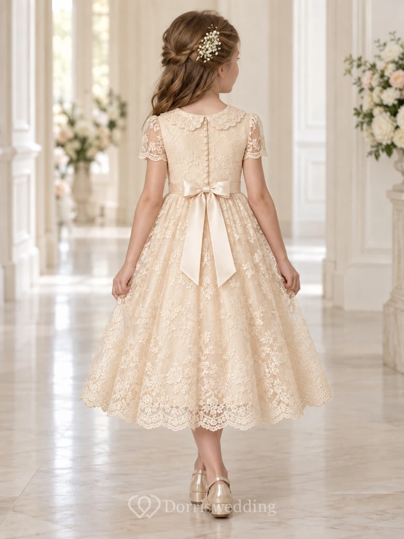 Tea-length Vintage Champagne Floral A-line Lace Short-sleeve Sashed Flower Girl Dress view 2