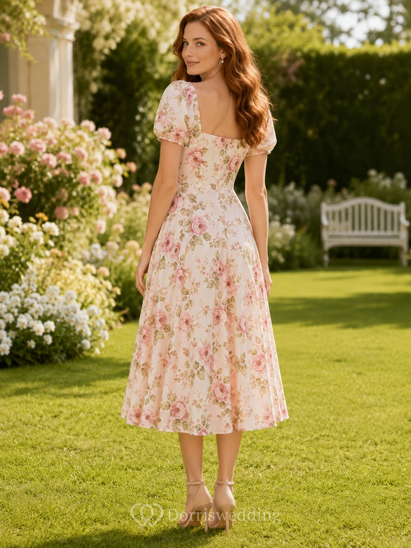 Blush floral puff sleeve A-line garden midi dress view 2