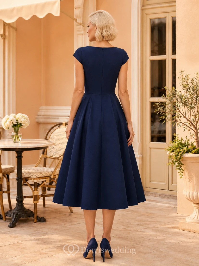 Vestido de cóctel formal clásico de satén azul marino oscuro con escote corazón, mangas cortas, corte en A y largo hasta la rodilla. view 2