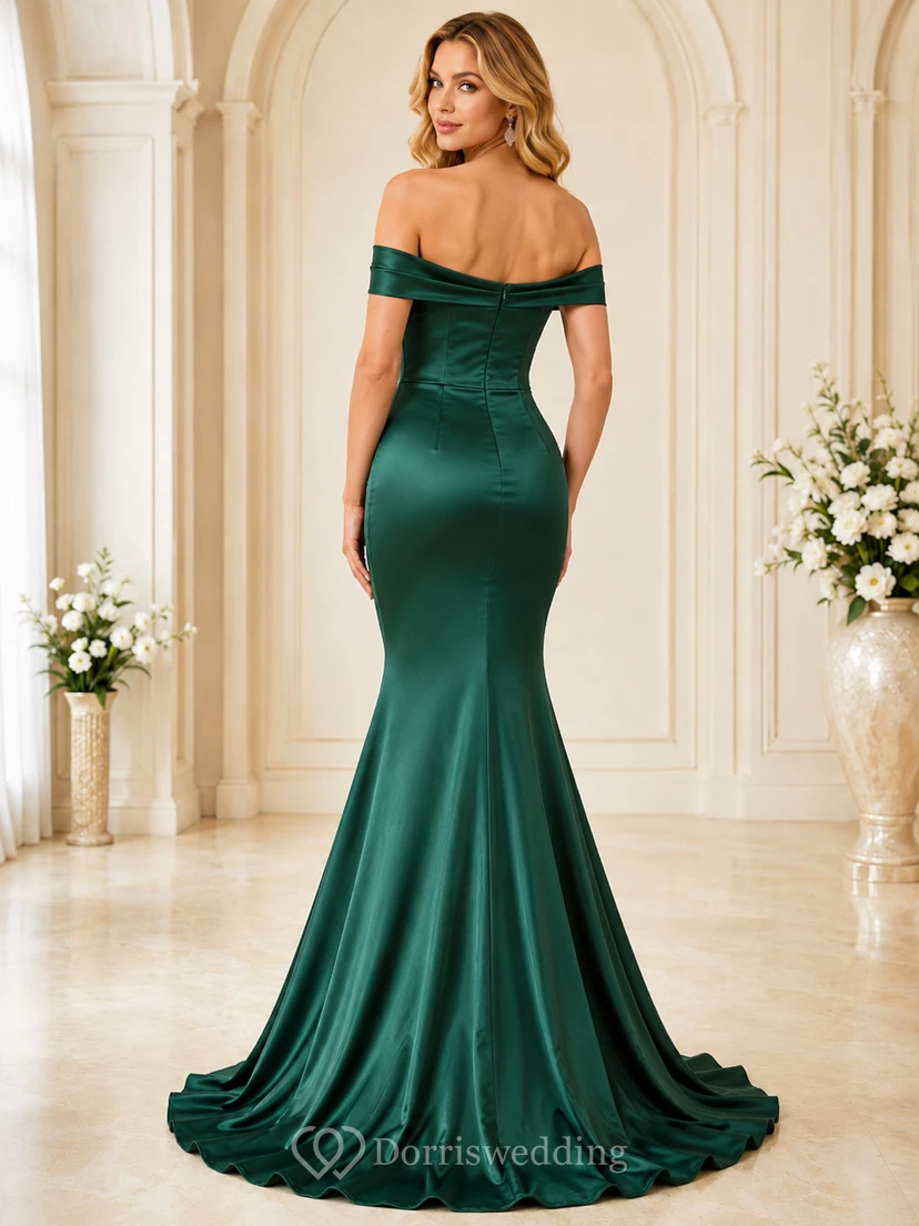Dunkelgrünes schulterfreies Abendkleid aus Satin mit Meerjungfrauenschnitt und Schleppe für den Empfang view 2