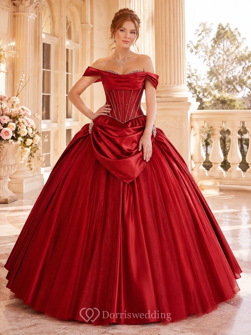 Red Satin Off-the-Shoulder Draped Quinceanera Ball Gown