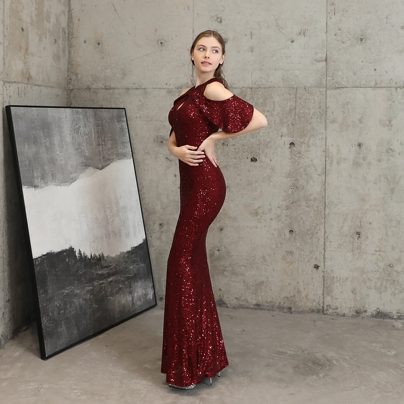 Banquet Temperament Elegant Long Short-Sleeved Sequin Aura Queen Fishtail Evening Dress view 11