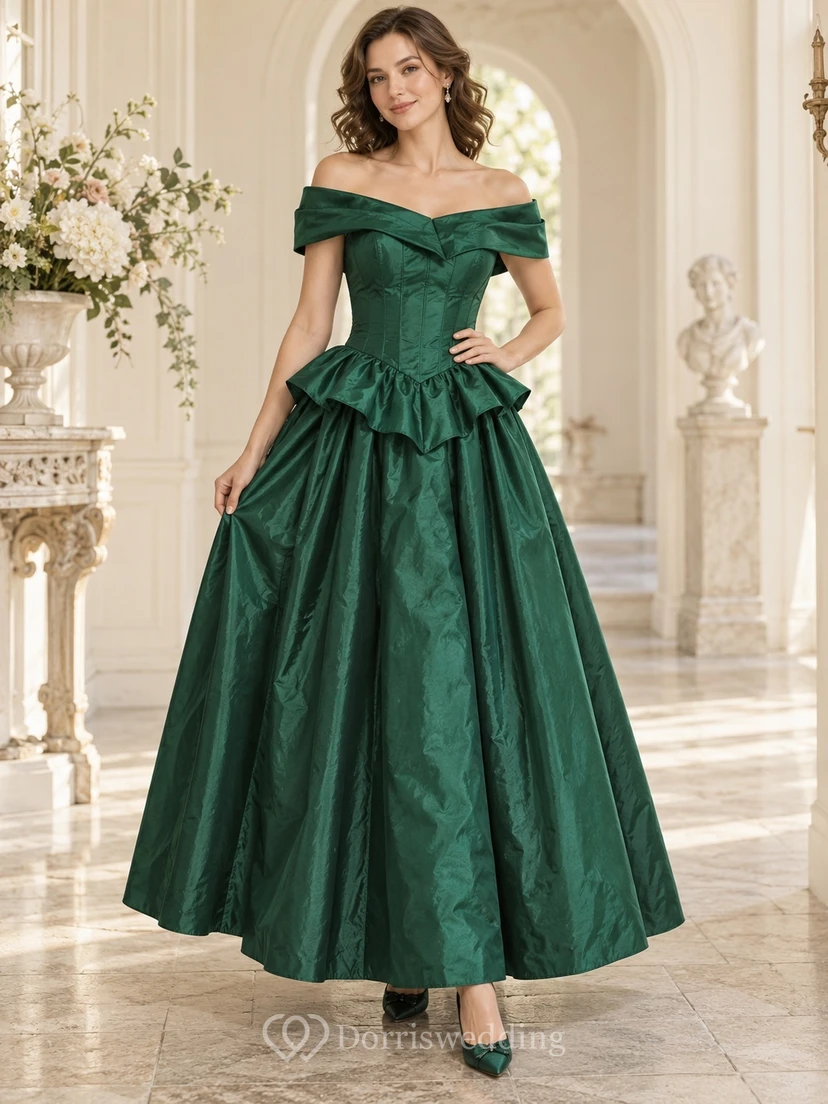 Vestido largo de dama de honor vintage de tafetán peplum verde oscuro con hombros descubiertos