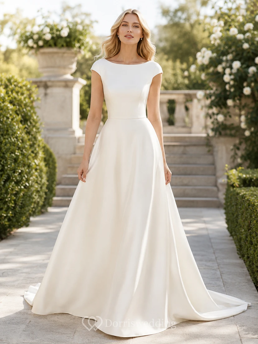 Robe de mariée classique en satin, coupe trapèze, manches bateau et traîne chapelle