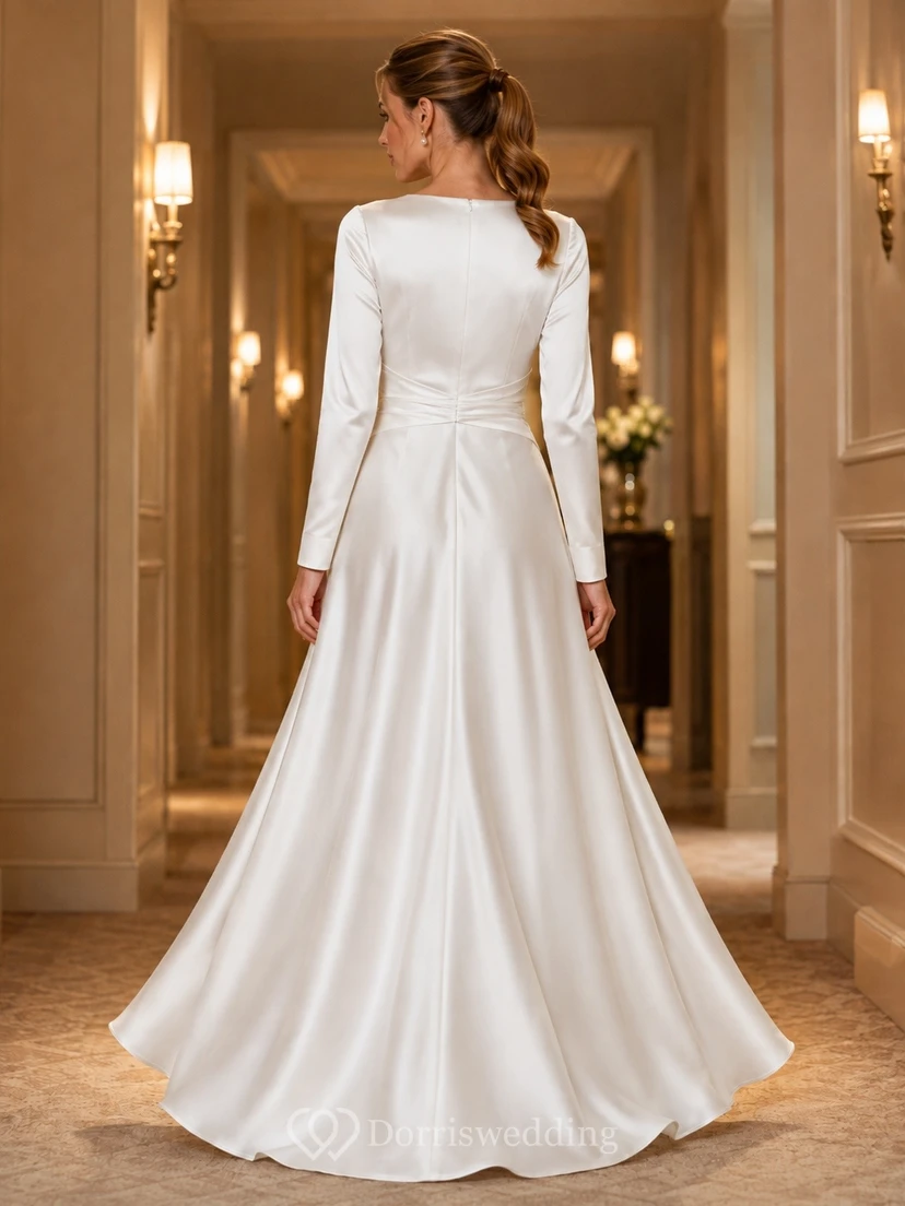 Vestido de novia formal sencillo de satén con escote en V y manga larga, corte en A view 2