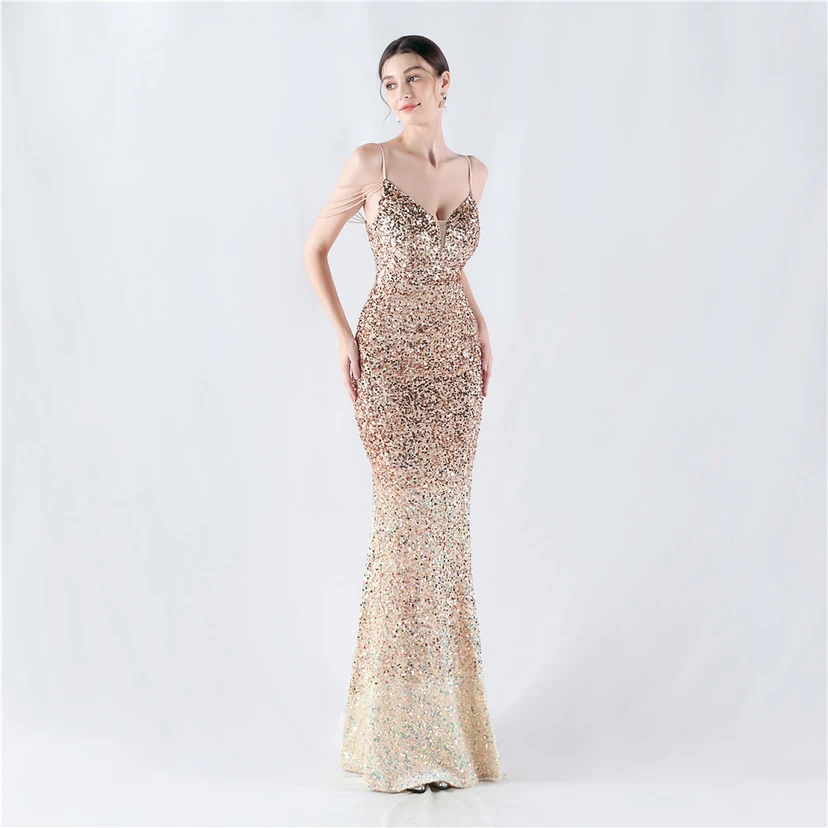 Velvet-Bottom Gradient Sequined Sexy Beaded Suspender Evening Dress view 42