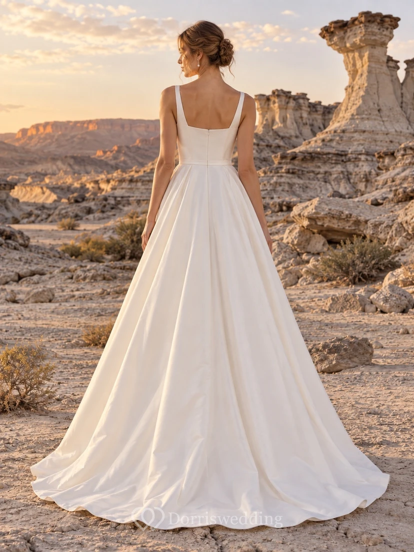 Sencillo vestido de novia de tafetán sin mangas con escote cuadrado, corte en A, corpiño a medida y cola. view 2