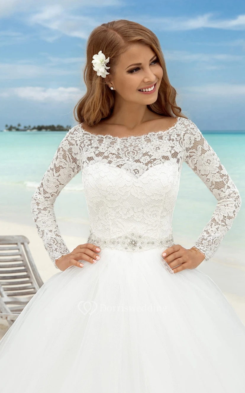 A-Line Long Bateau-Neck Illusion-Sleeve Illusion Tulle Dress With Bow And Sash view 2