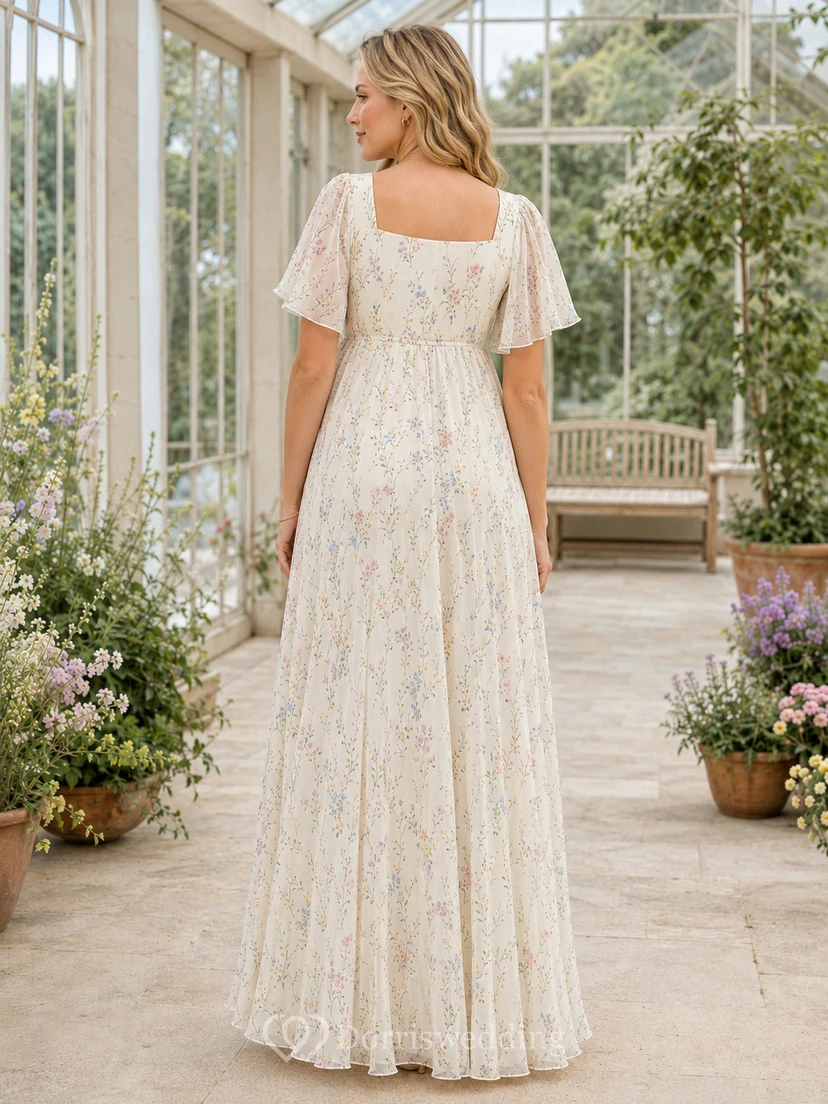 Robe de maternité crème à fleurs, col carré, manches papillon, coupe trapèze, longueur printemps view 2
