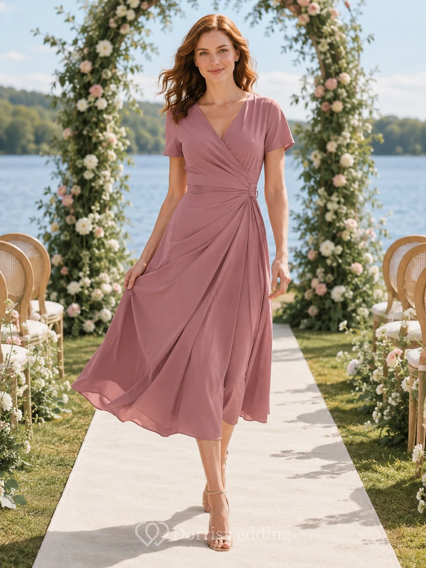 Dusty Rose Chiffon Wrap Flutter Sleeve Midi Dress