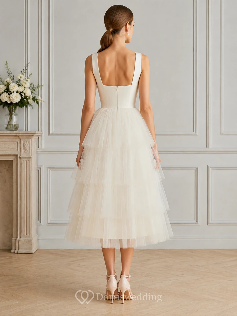 White Square Strap Tiered Tulle A-Line Tea Cocktail Dress Reception view 2