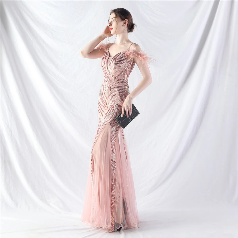 Crafted Ostrich Feather Stacked Sequins Splicing Mesh Gauze High-End Evening Dress Clothes view 35