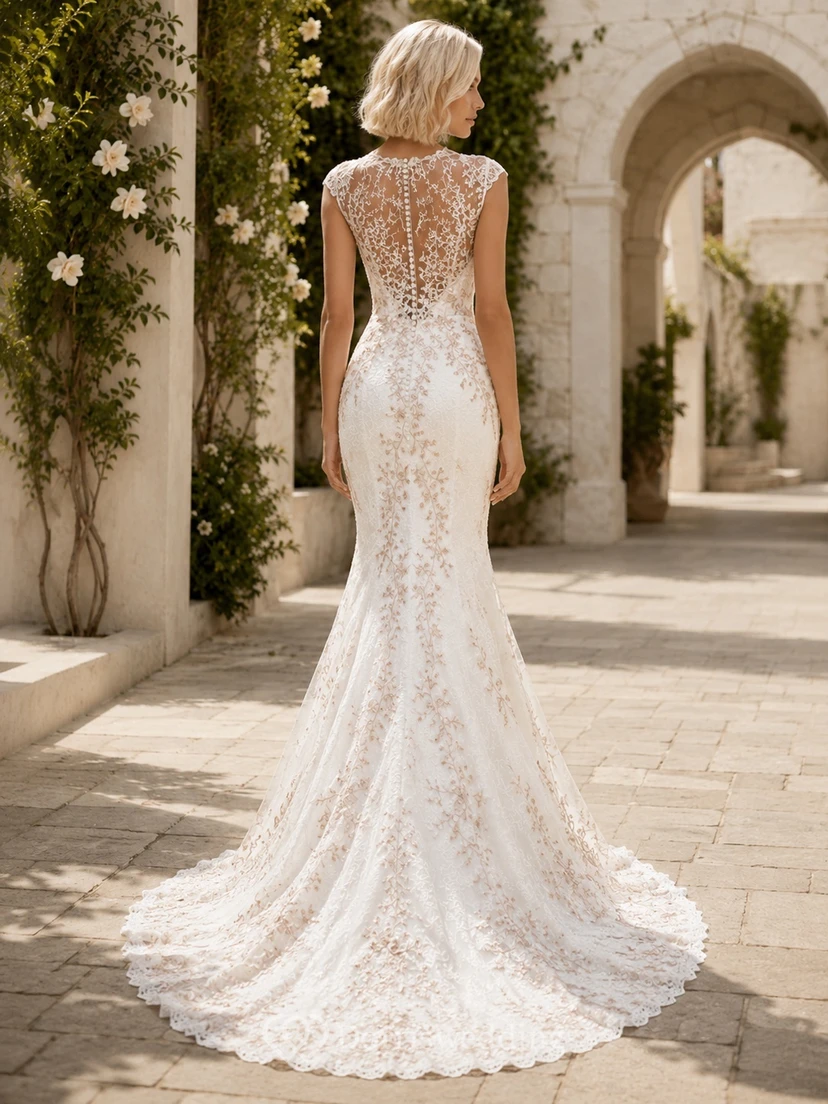 Elegantes Brautkleid in Roségold mit hohem Kragen, Meerjungfrauen-Stil, kurzen Ärmeln, bodenlanger Schleppe und elegantem Design. view 2