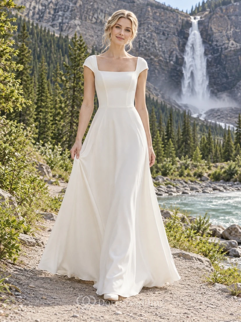 Vestido de novia sencillo de crepé con escote cuadrado, mangas cortas, cintura ajustada y falda en línea A.