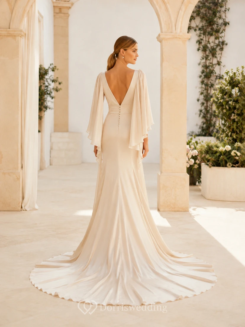 Robe de mariée élégante en satin, décolleté en V profond, manches cape, coupe fourreau, longueur au sol view 2